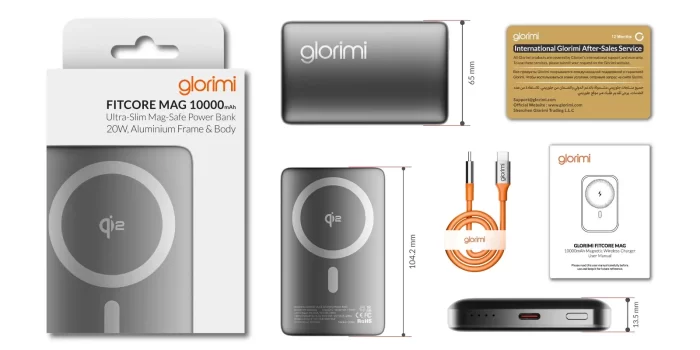 اقلام داخل جعبه پاور بانک مگ سیف گلوریمی 10000 Qi2