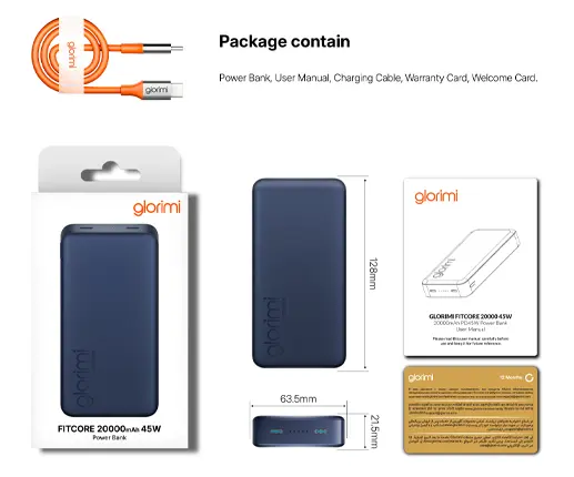 اقلام درون بسته بندی Glorimi FitCore 20000mAh 45W