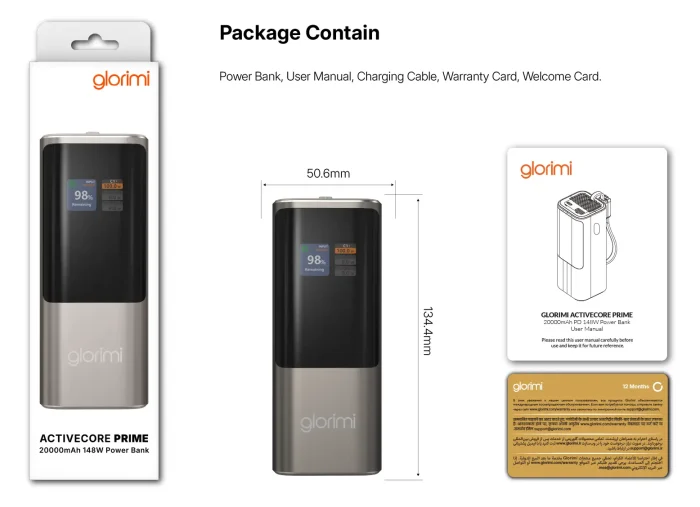 اقلام داخل بسته پاور بانک Glorimi ACTIVECORE PRIME 20000mAh 148W